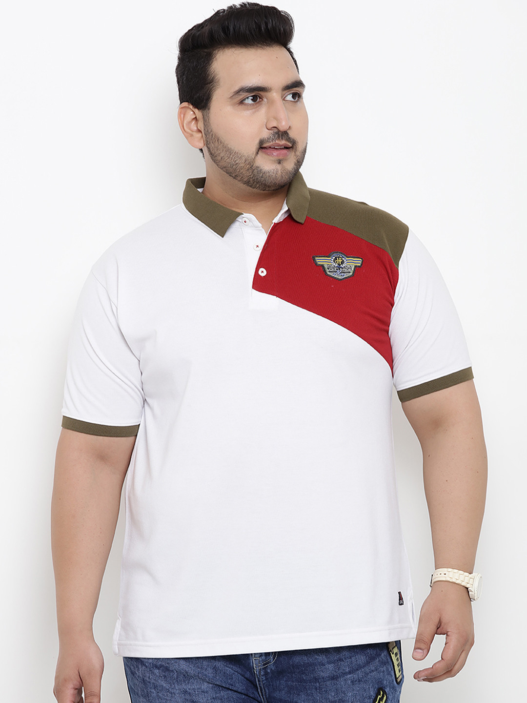 

John Pride Plus Size Men White Colourblocked Polo Collar T-shirt