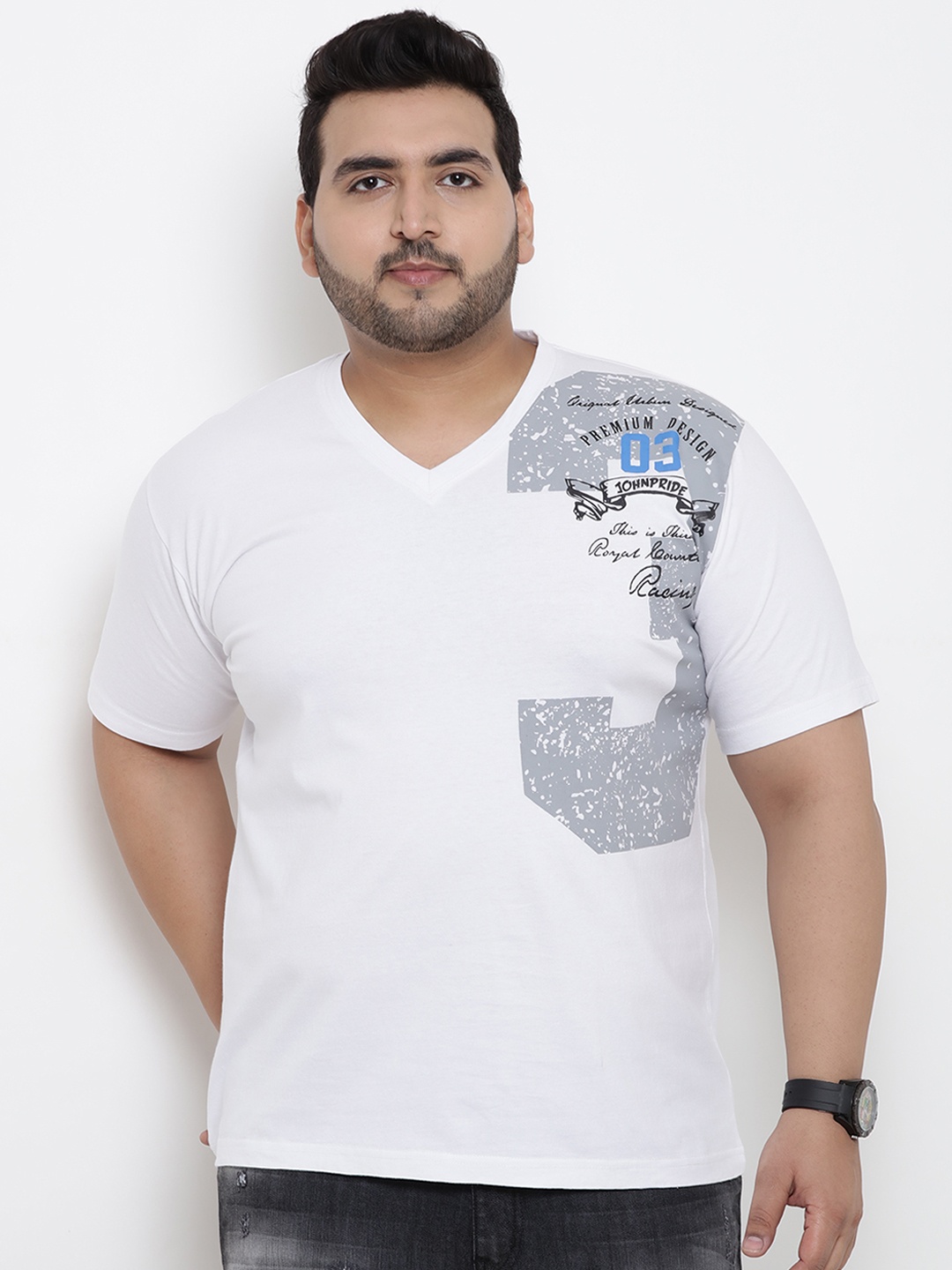 

John Pride Plus Size Men White Printed V-Neck T-shirt