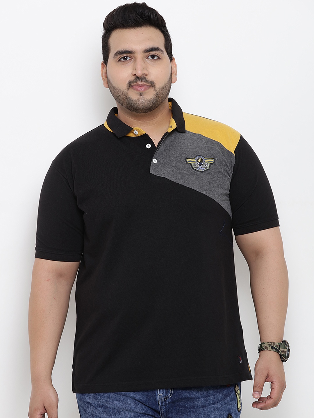

John Pride Plus Size Men Black Colourblocked Polo Collar T-shirt