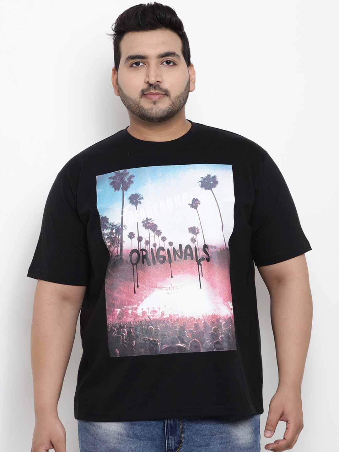 

John Pride Plus Size Men Black Printed Round Neck T-shirt