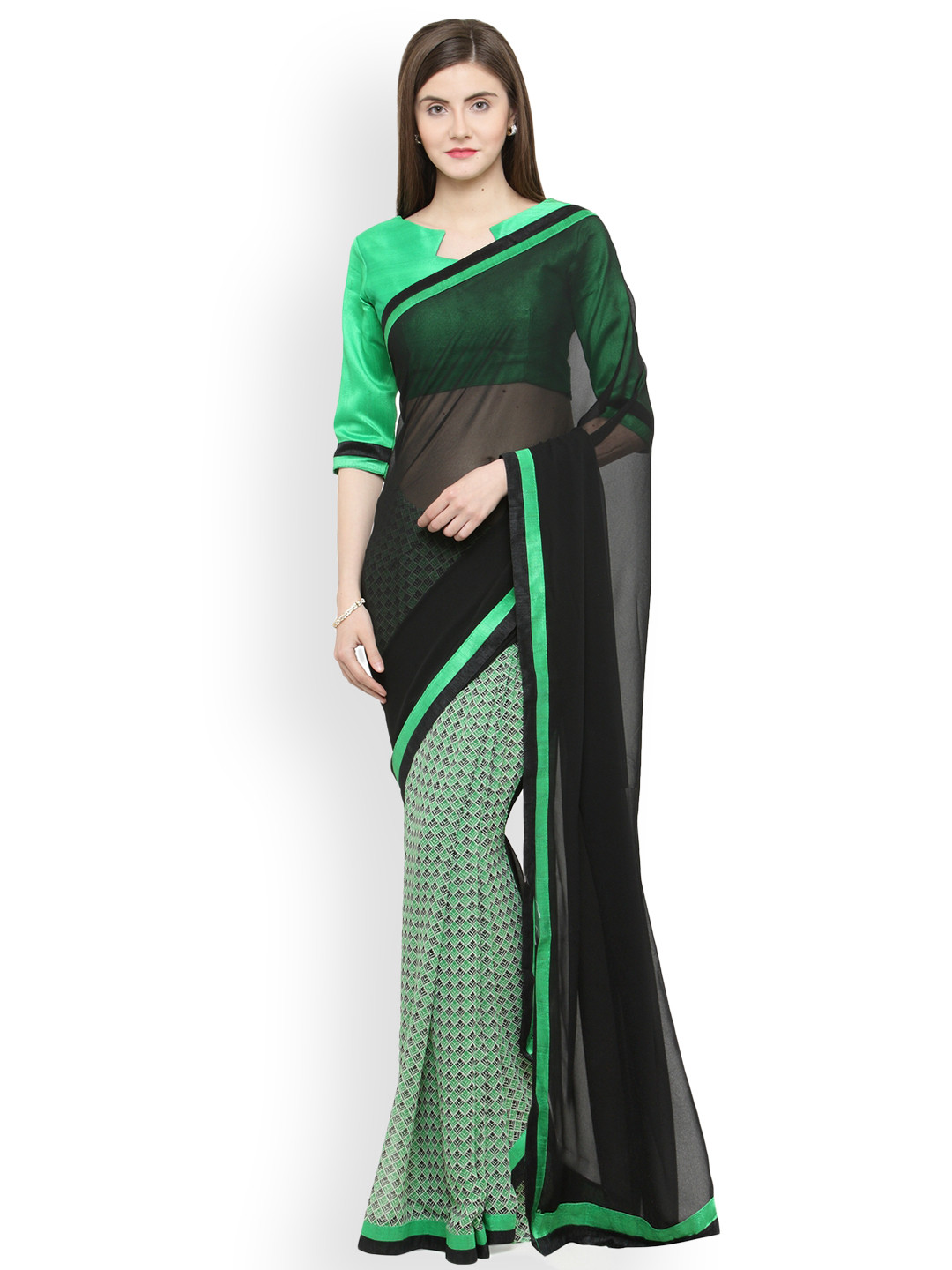 

Shaily Black & Green Pure Georgette Printed Saree