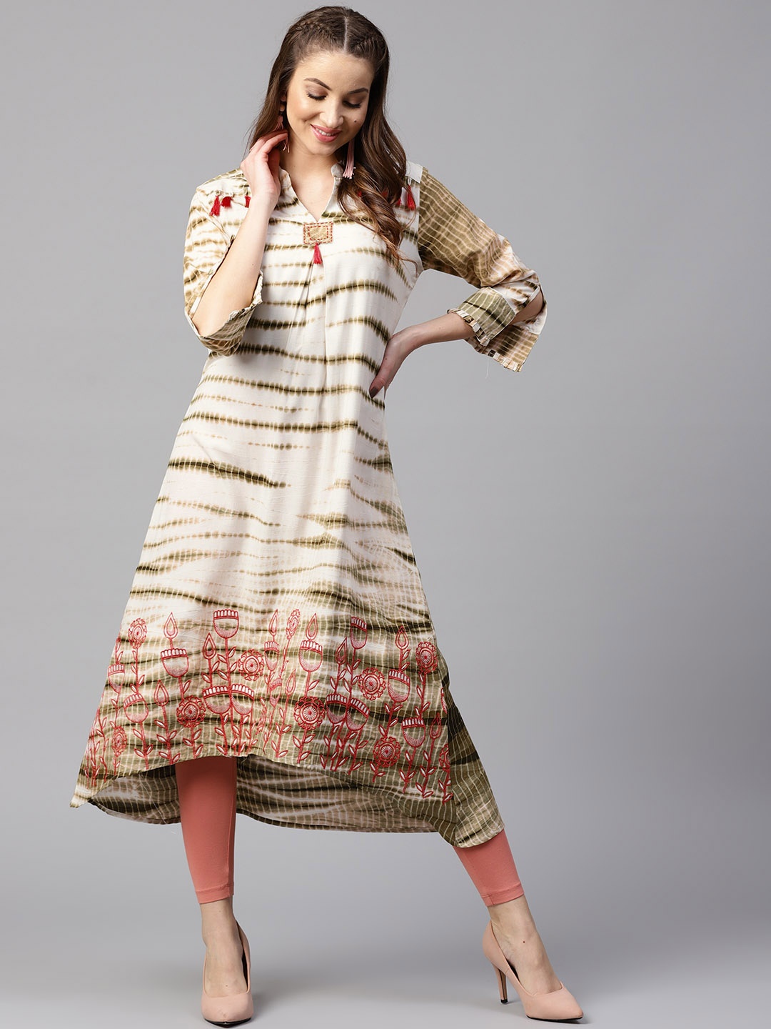 

Yufta Women Off-White & Olive Green Printed A-Line Kurta