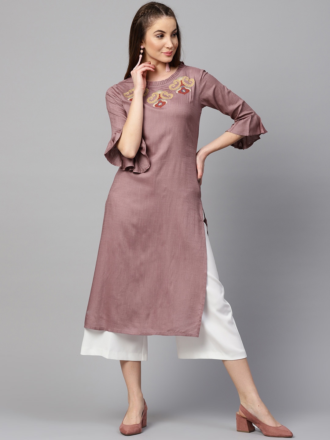 

Yufta Women Mauve Yoke Design Straight Kurta