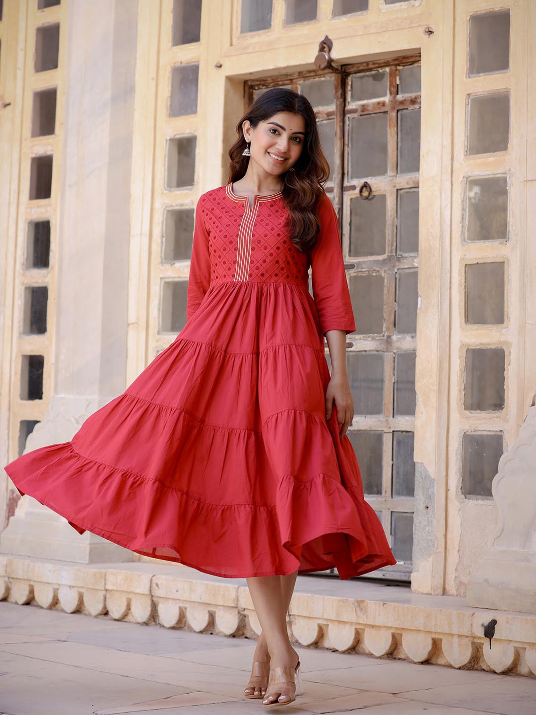 

Yufta Maroon Ethnic Motifs Embroidered Ethnic Midi Dress