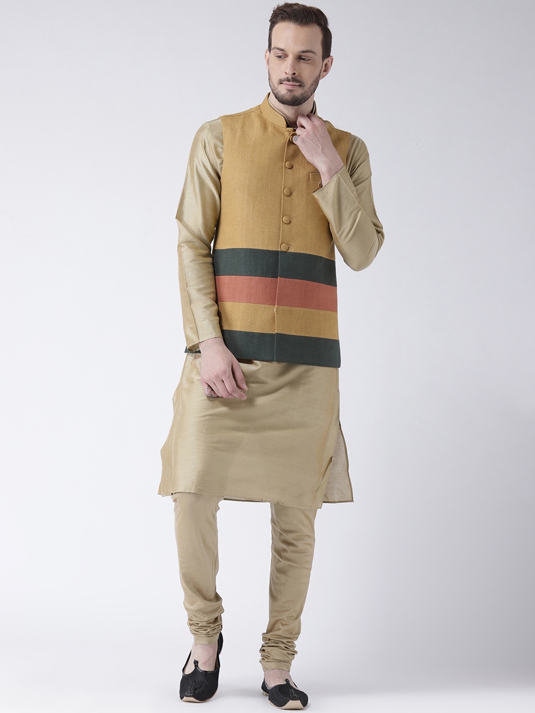 

KISAH Men Beige & Mustard Solid Churidar Kurta with Nehru Jacket