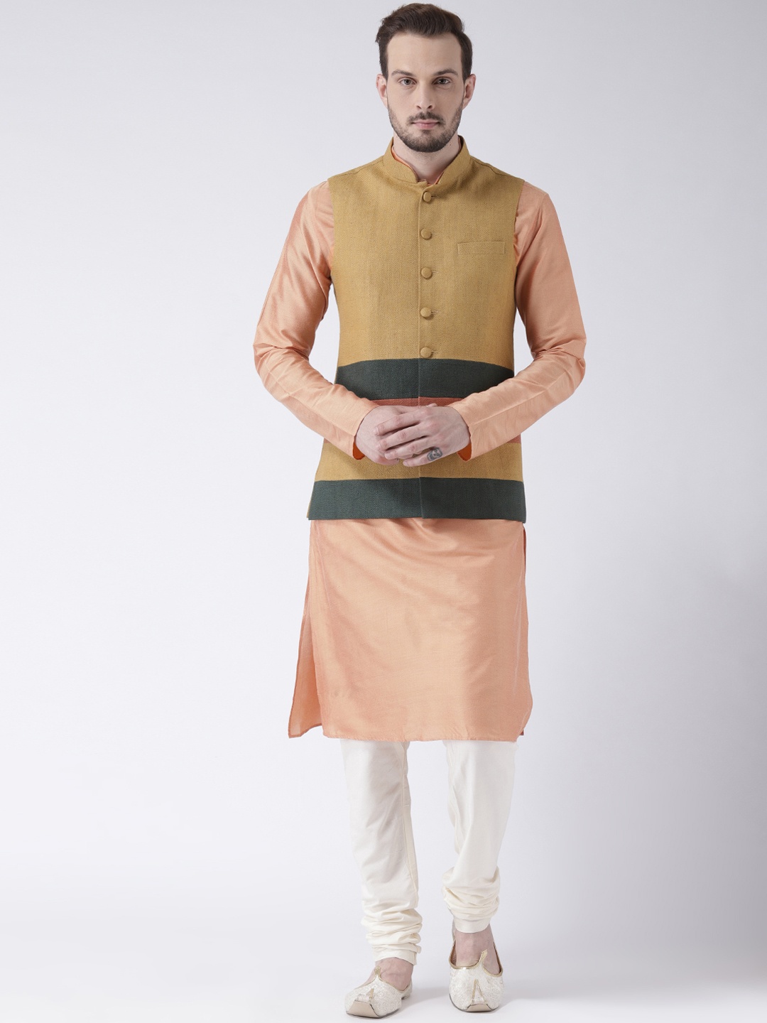 

KISAH Men Peach-Coloured Solid Churidar Kurta with Nehru Jacket