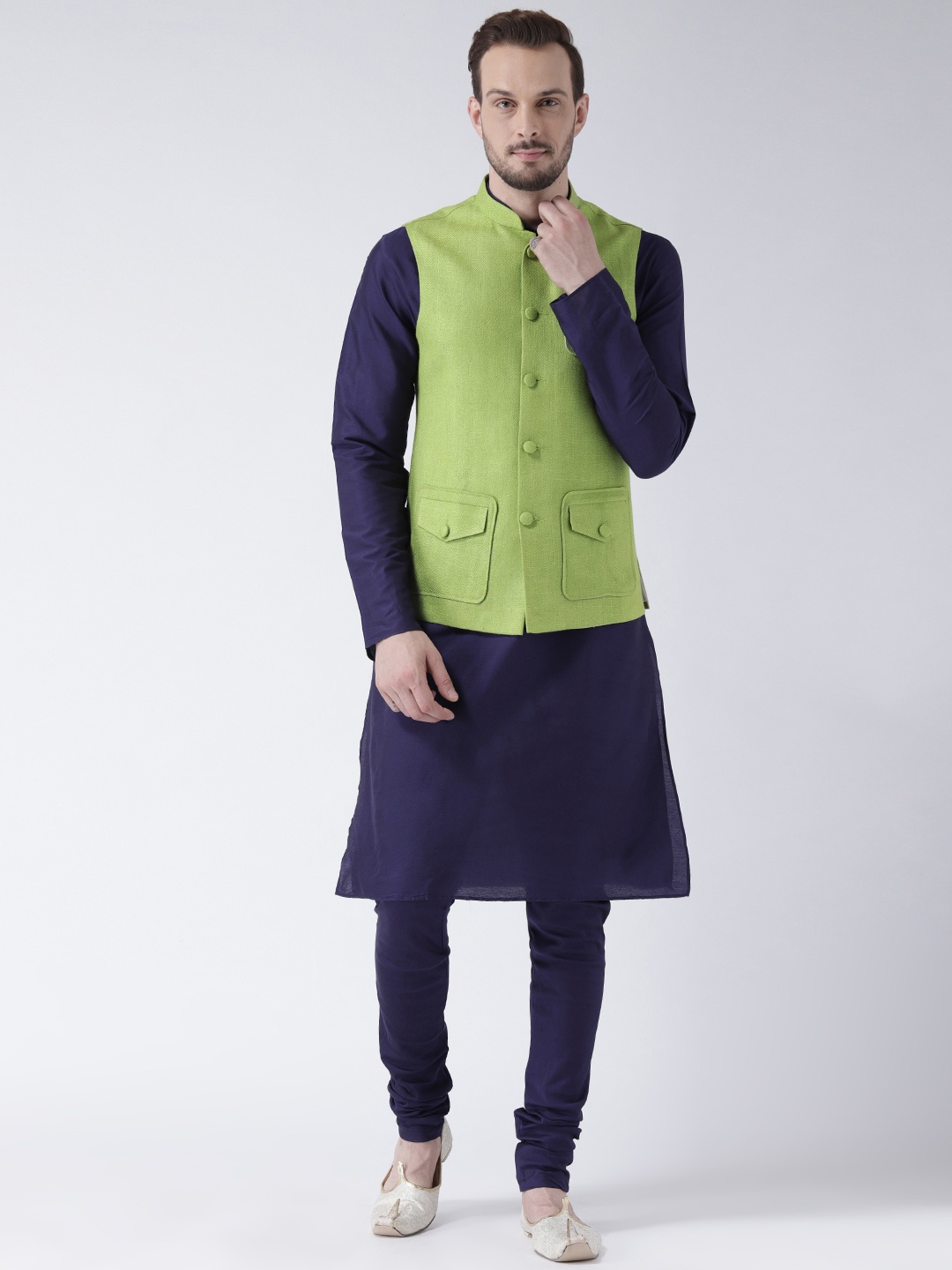 

KISAH Men Navy Blue & Lime Green Solid Churidar Kurta with Nehru Jacket