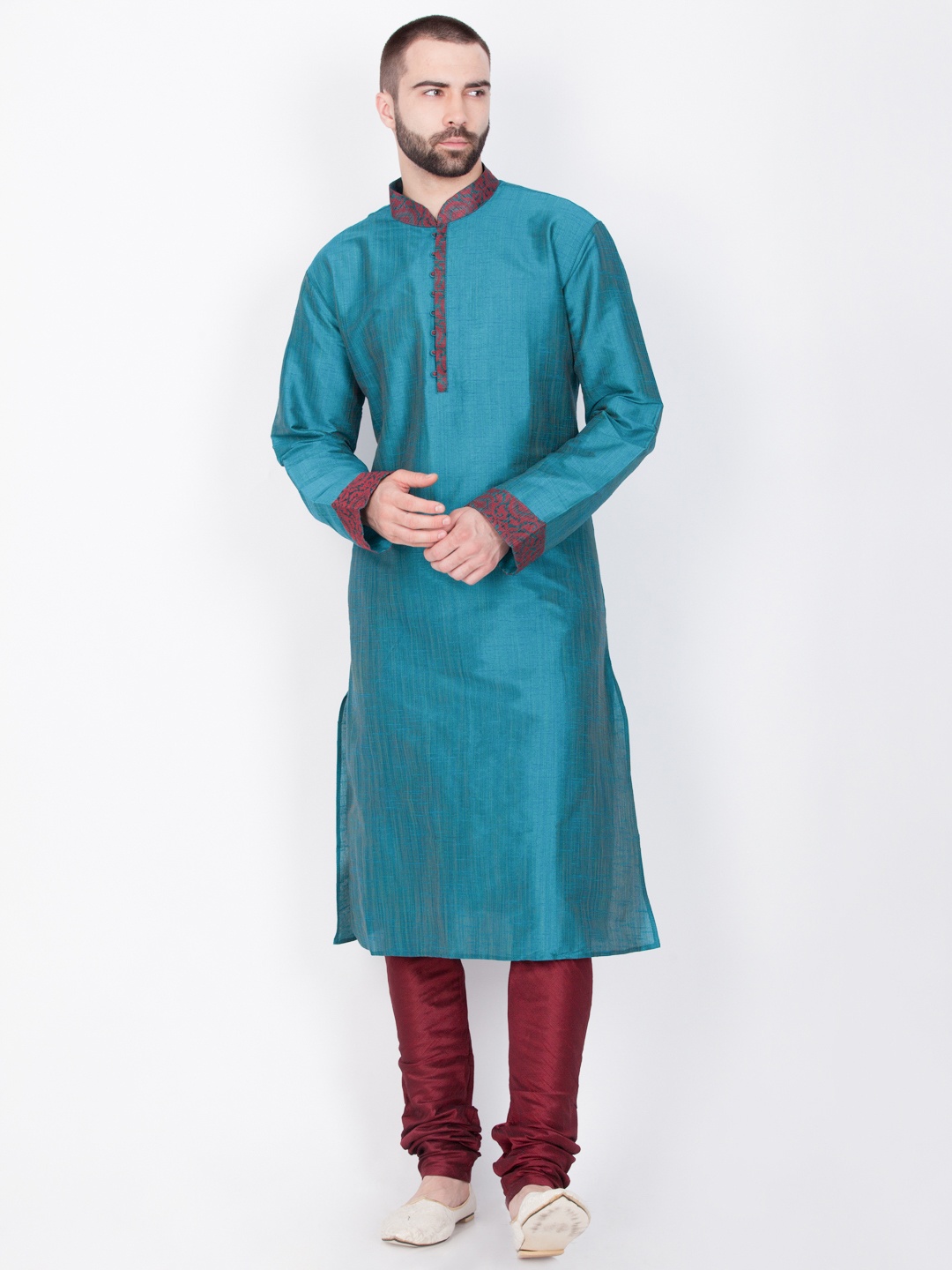 

Sanwara Men Blue & Maroon Self Design Kurta with Churidar
