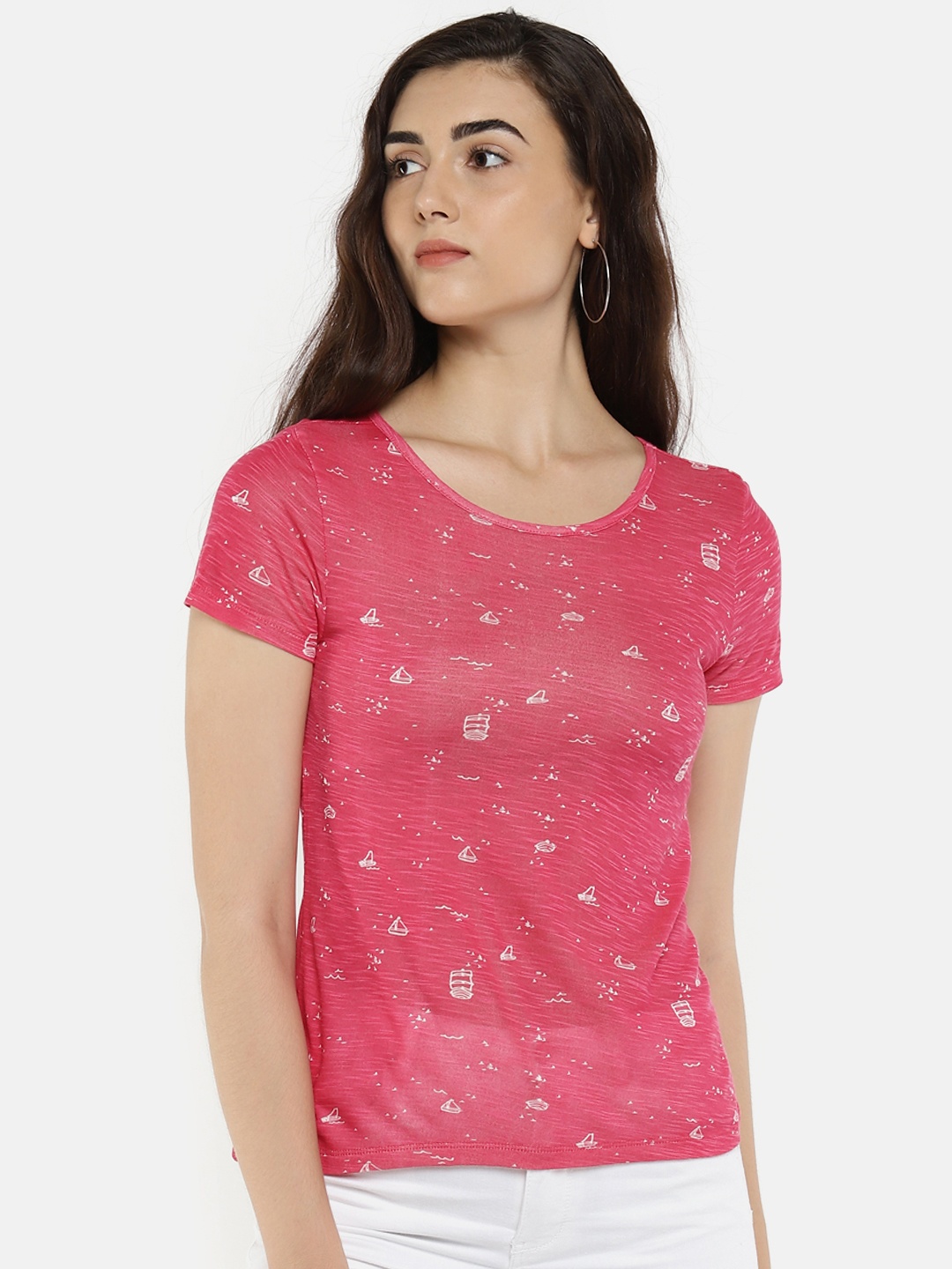 

People Women Pink Printed Round Neck T-shirt