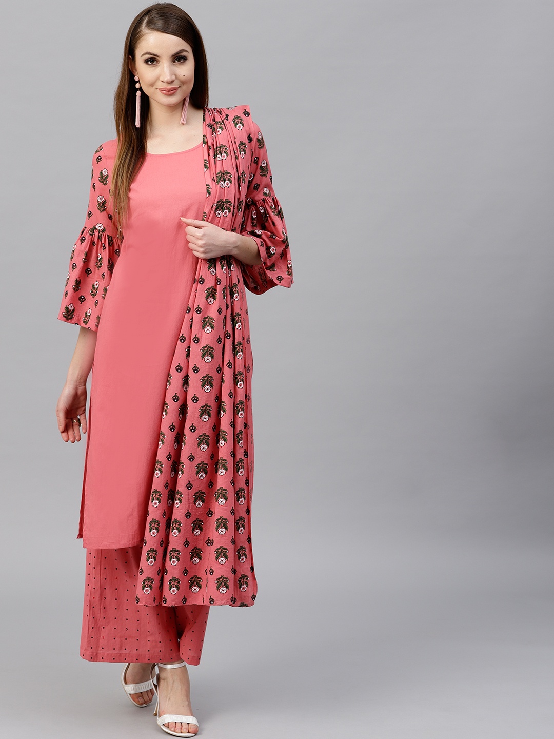 

AKS Women Pink & Green Printed Kurta with Palazzos & Dupatta