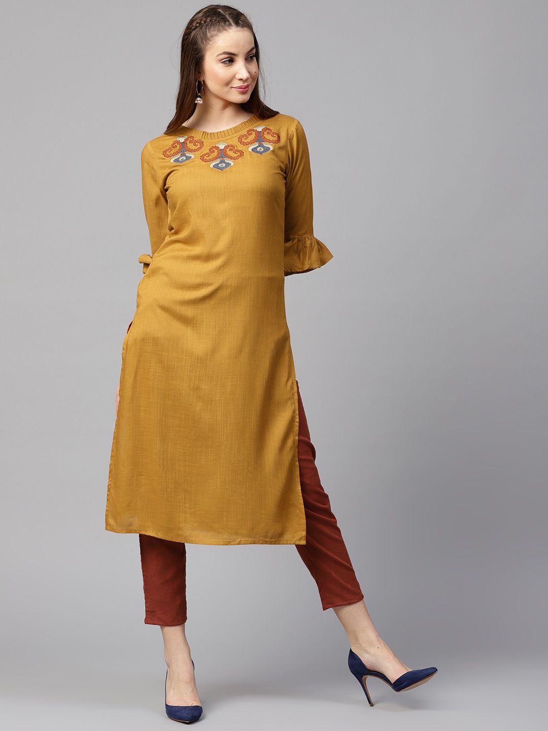 

Yufta Women Mustard Yellow & Rust Red Yoke Design Kurta with Trousers