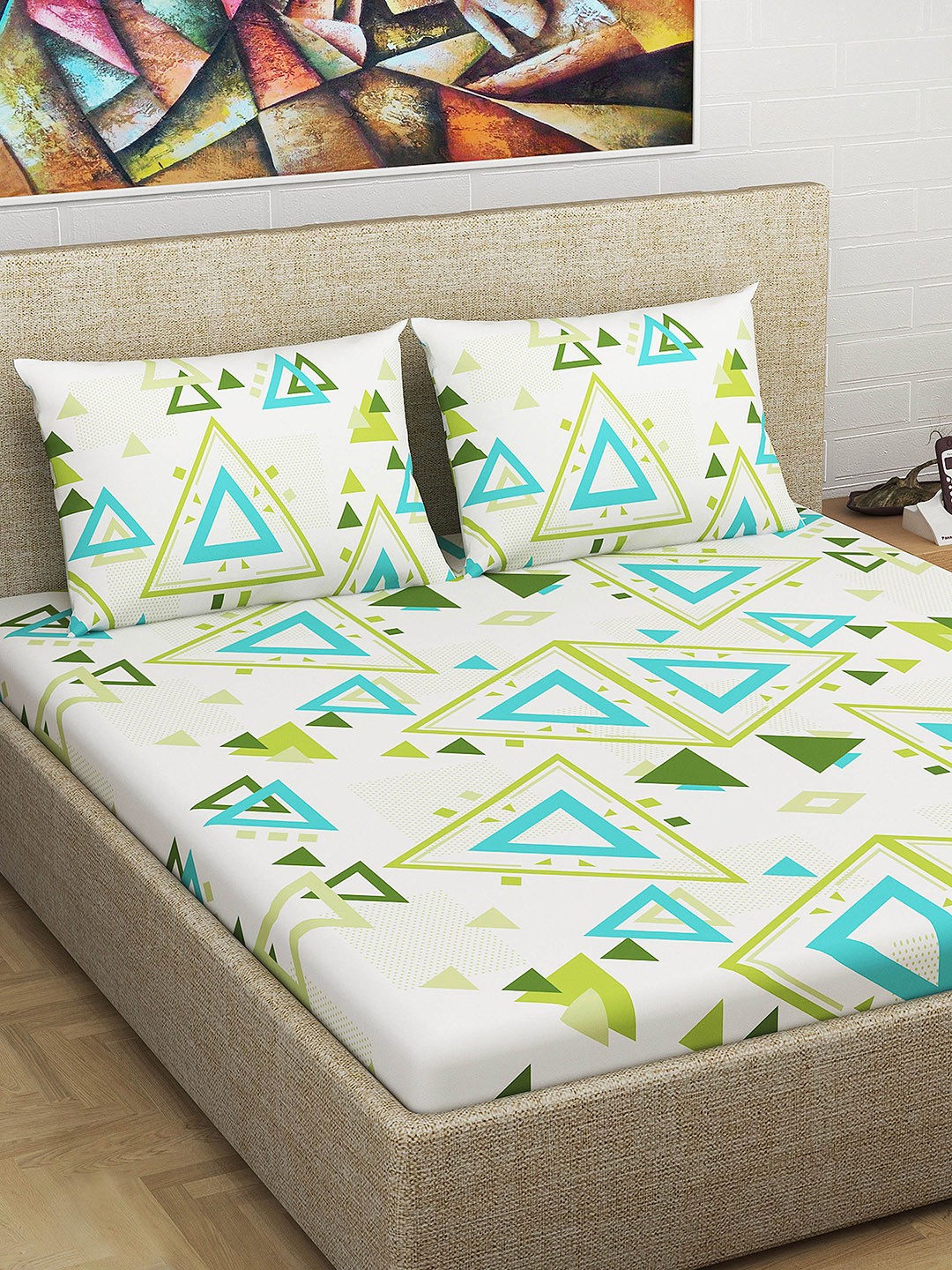 

Divine Casa Green & Turquoise Blue Geometric 120 TC 1 Bedsheet with 2 Pillow Covers