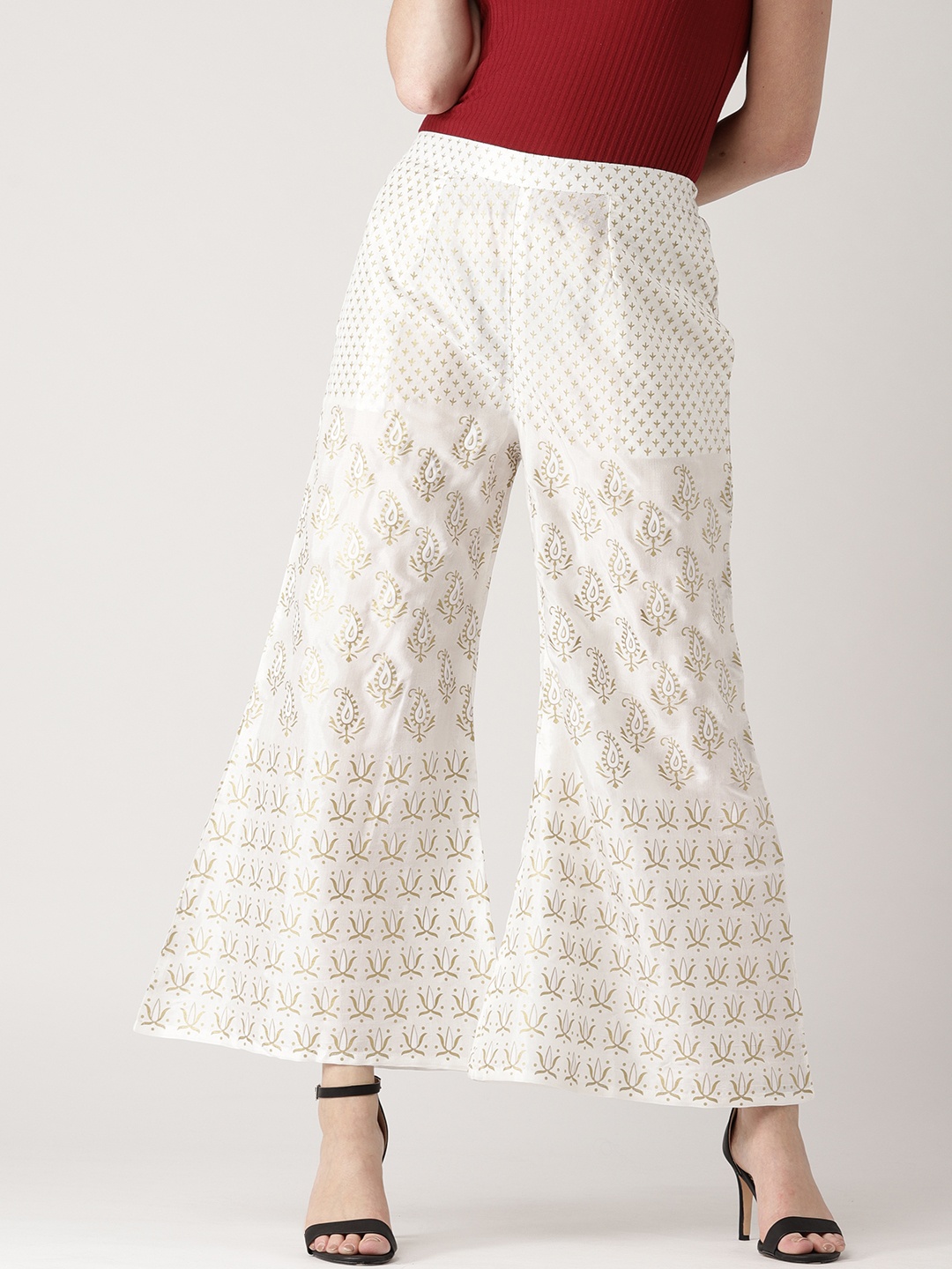 

Libas Women White & Golden Printed Wide Leg Palazzos