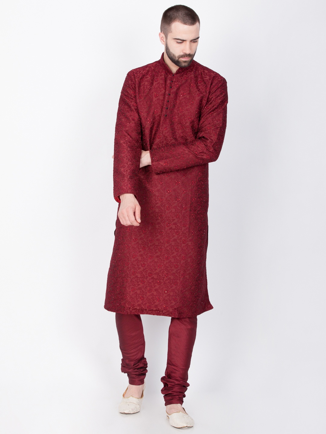 

Sanwara Men Maroon Self Design Kurta with Churidar