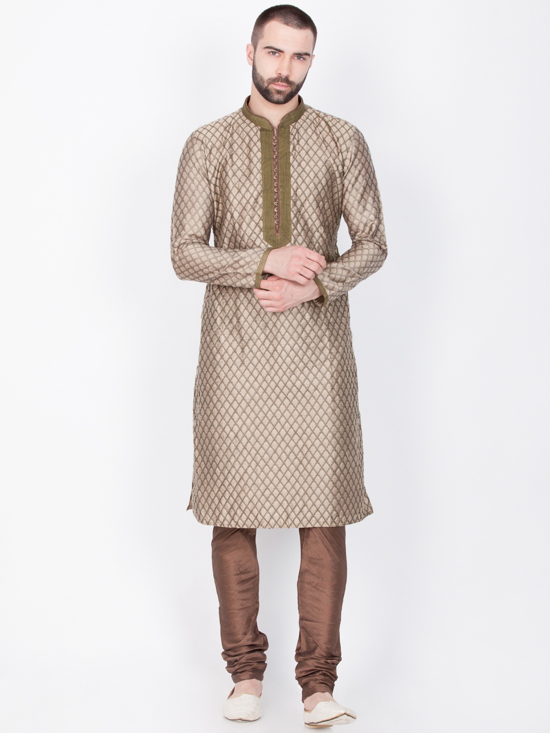 

Sanwara Men Beige & Brown Self Design Kurta with Churidar