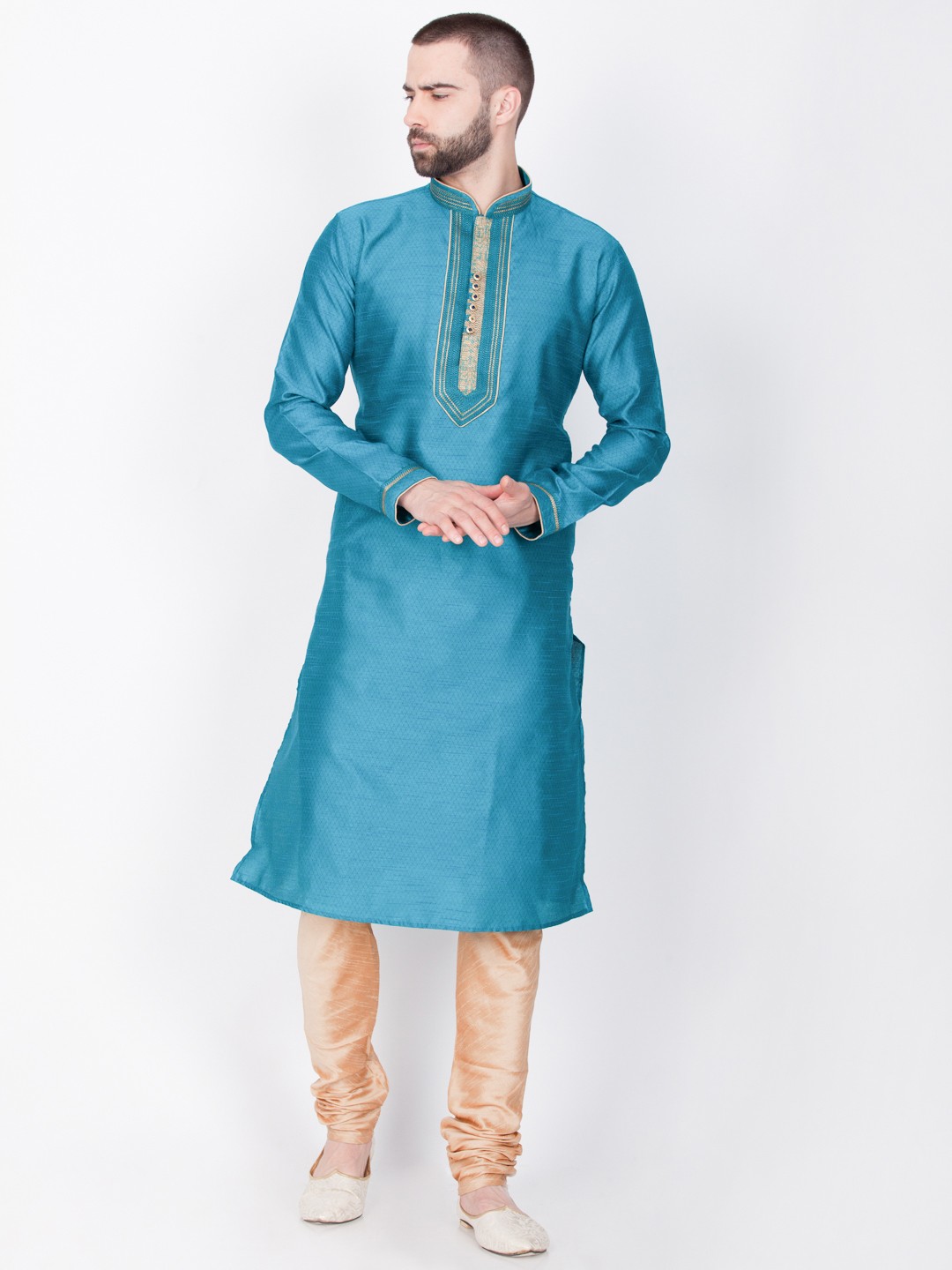 

Sanwara Men Blue & Beige Self Design Kurta with Churidar
