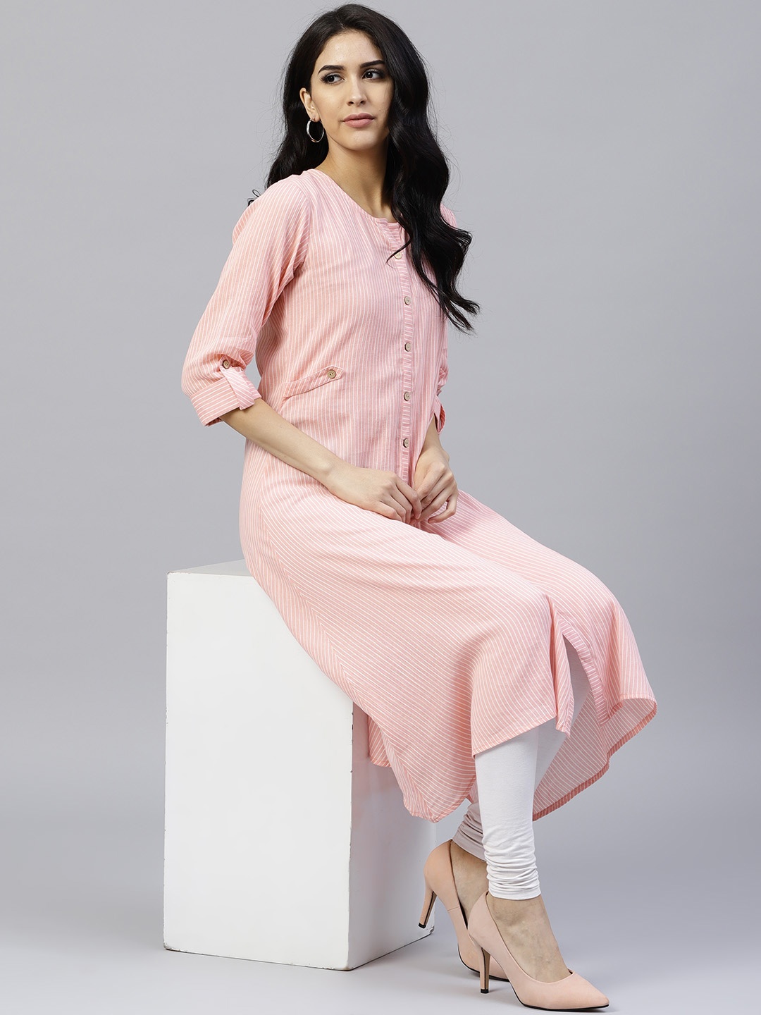 

Shree Women Pink & White Striped A-Line Kurta