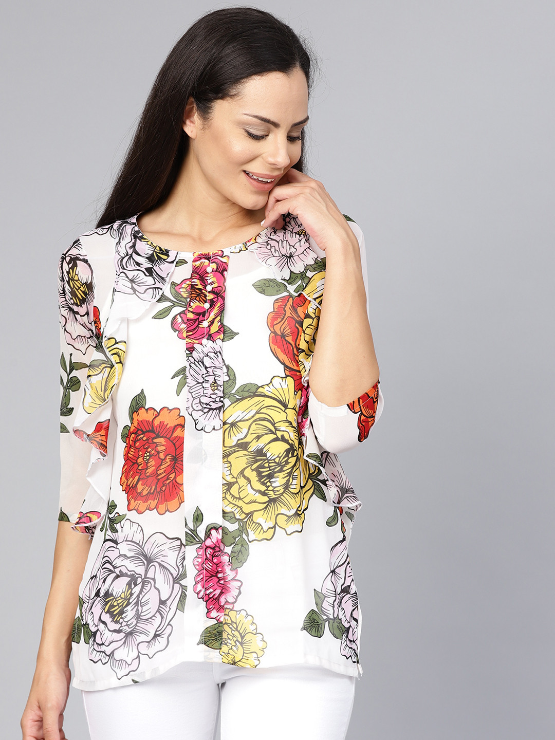 

Shree White & Red Floral Print Tunic
