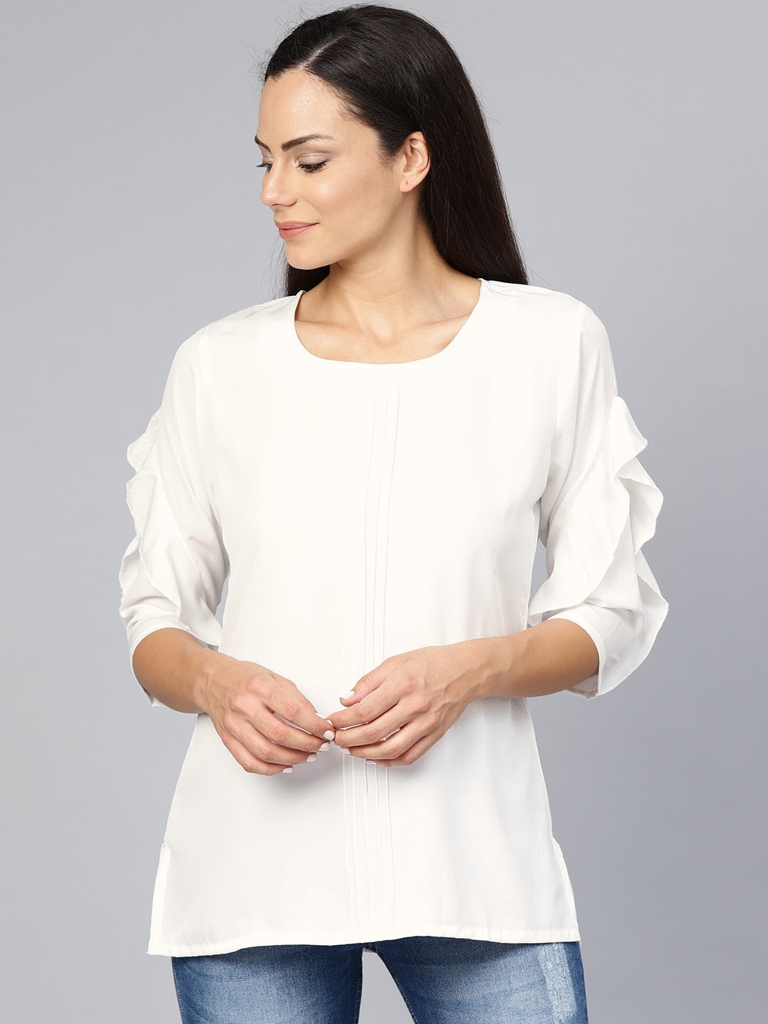 

Shree White Solid Ruffled Tunic