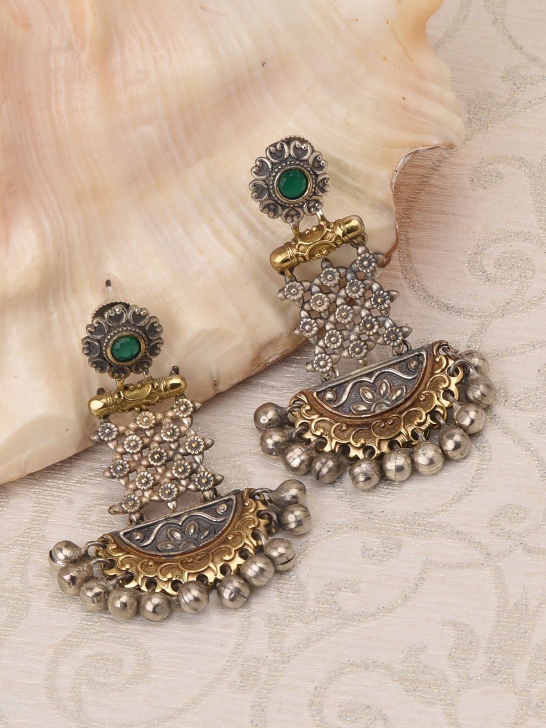 

FIROZA Oxidised Silver-Toned & Antique Gold-Toned Textured Classic Drop Earrings