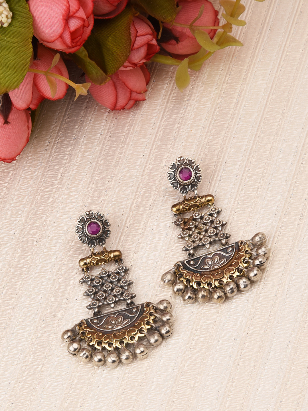 

FIROZA Oxidised Silver-Toned & Antique Gold-Toned Textured Classic Drop Earrings