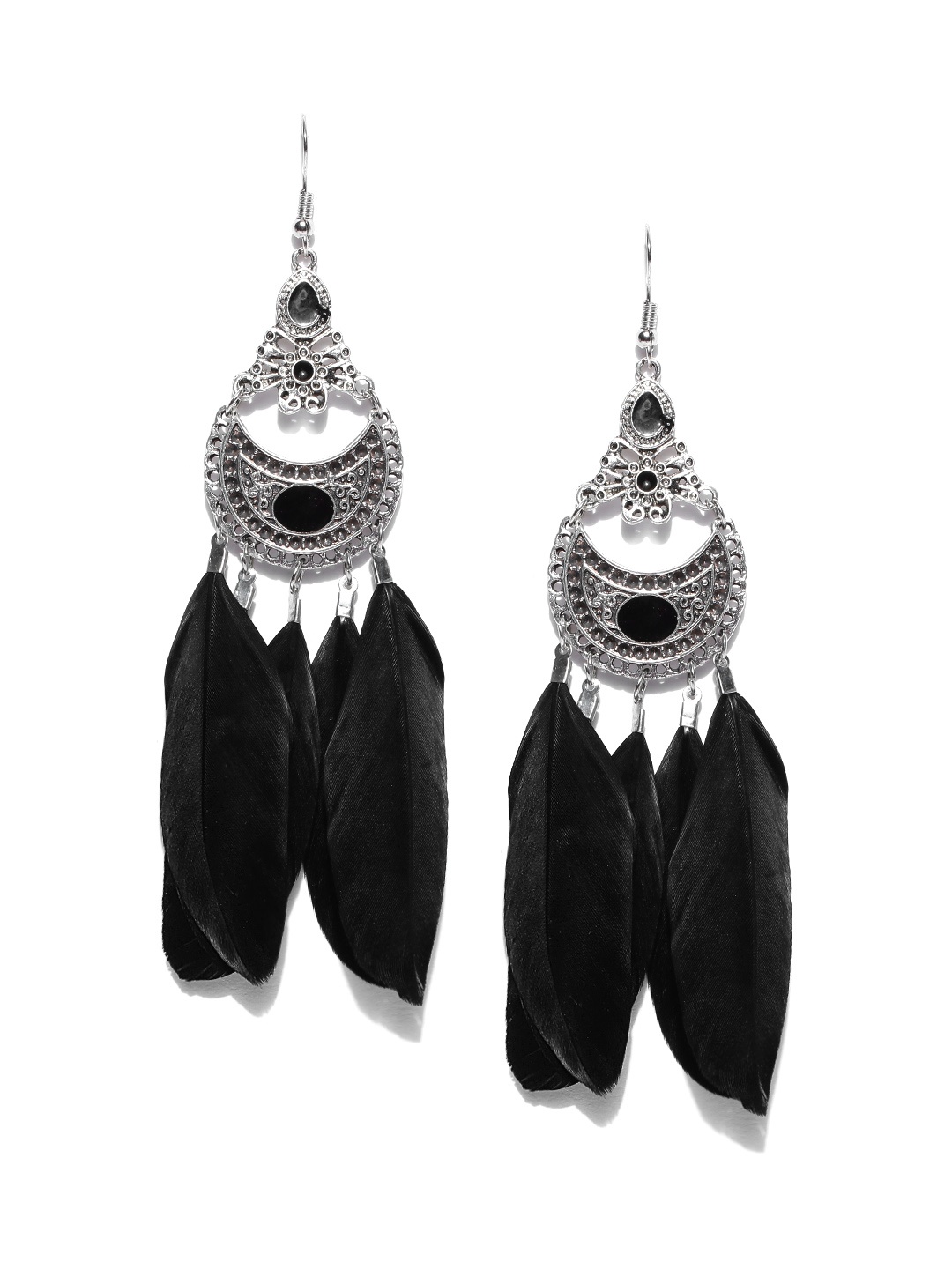 

Jewels Galaxy Oxidised Silver-Plated & Black Feather Shaped Drop Earrings