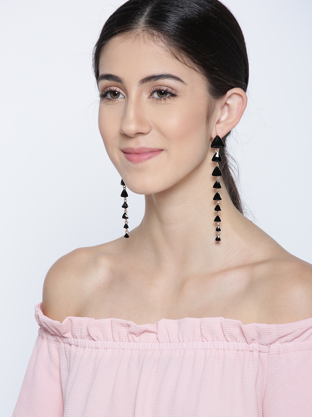 

Jewels Galaxy Black Gold-Plated Stone-Studded Triangular Drop Earrings