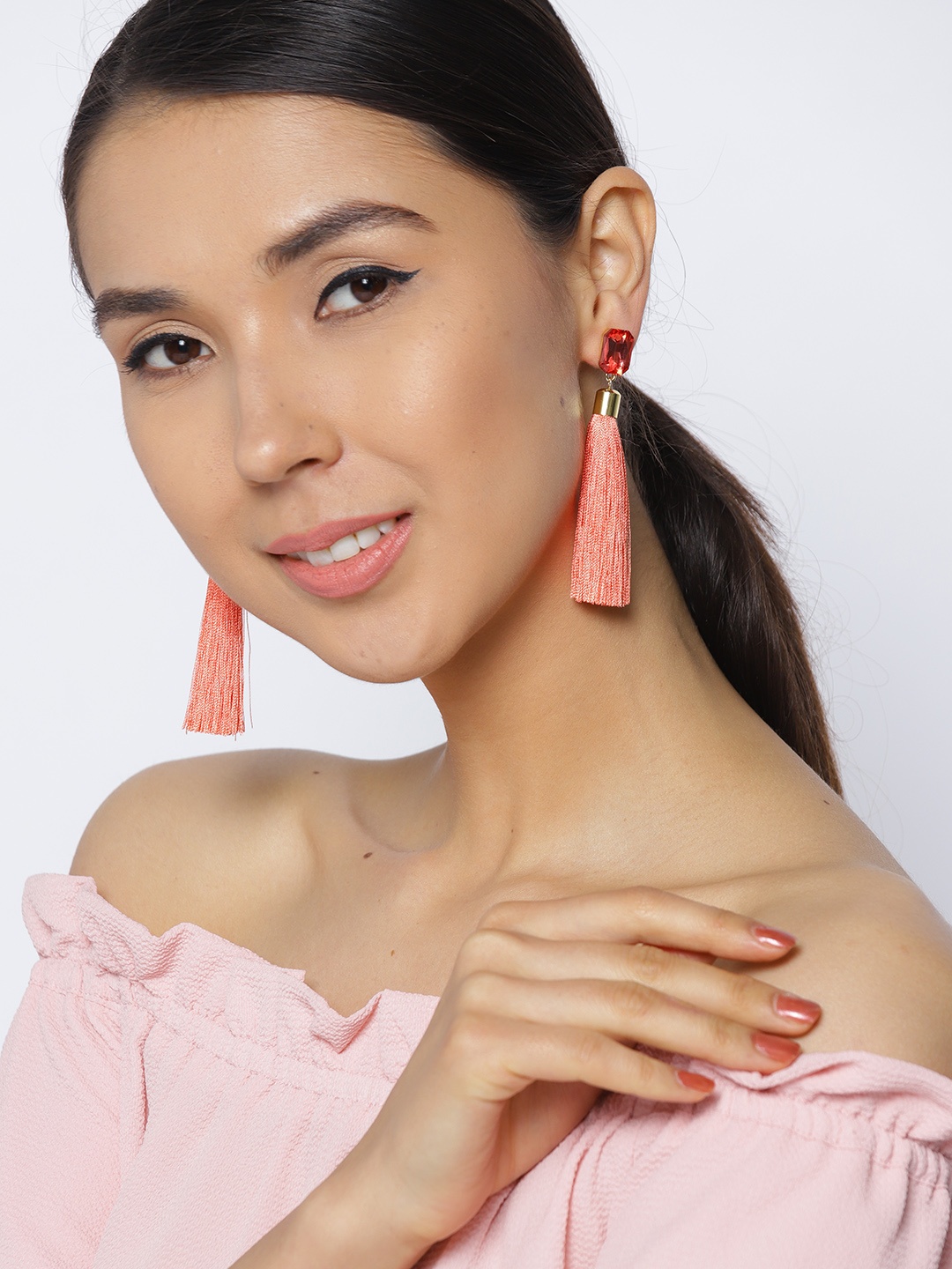 

Jewels Galaxy Peach-Coloured Gold-Plated Tasseled Contemporary Drop Earrings