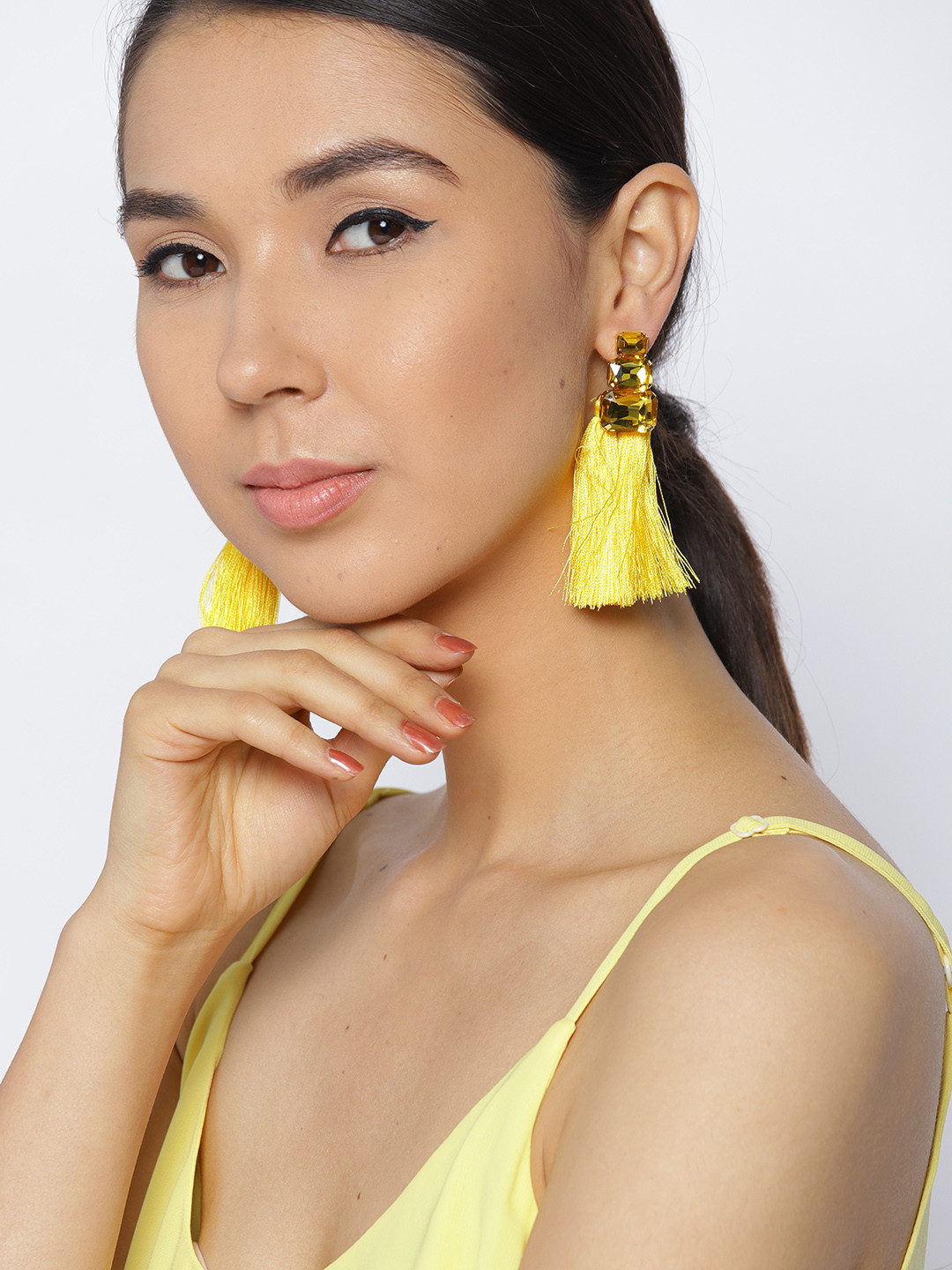 

Jewels Galaxy Yellow Gold-Plated Tasseled Contemporary Drop Earrings