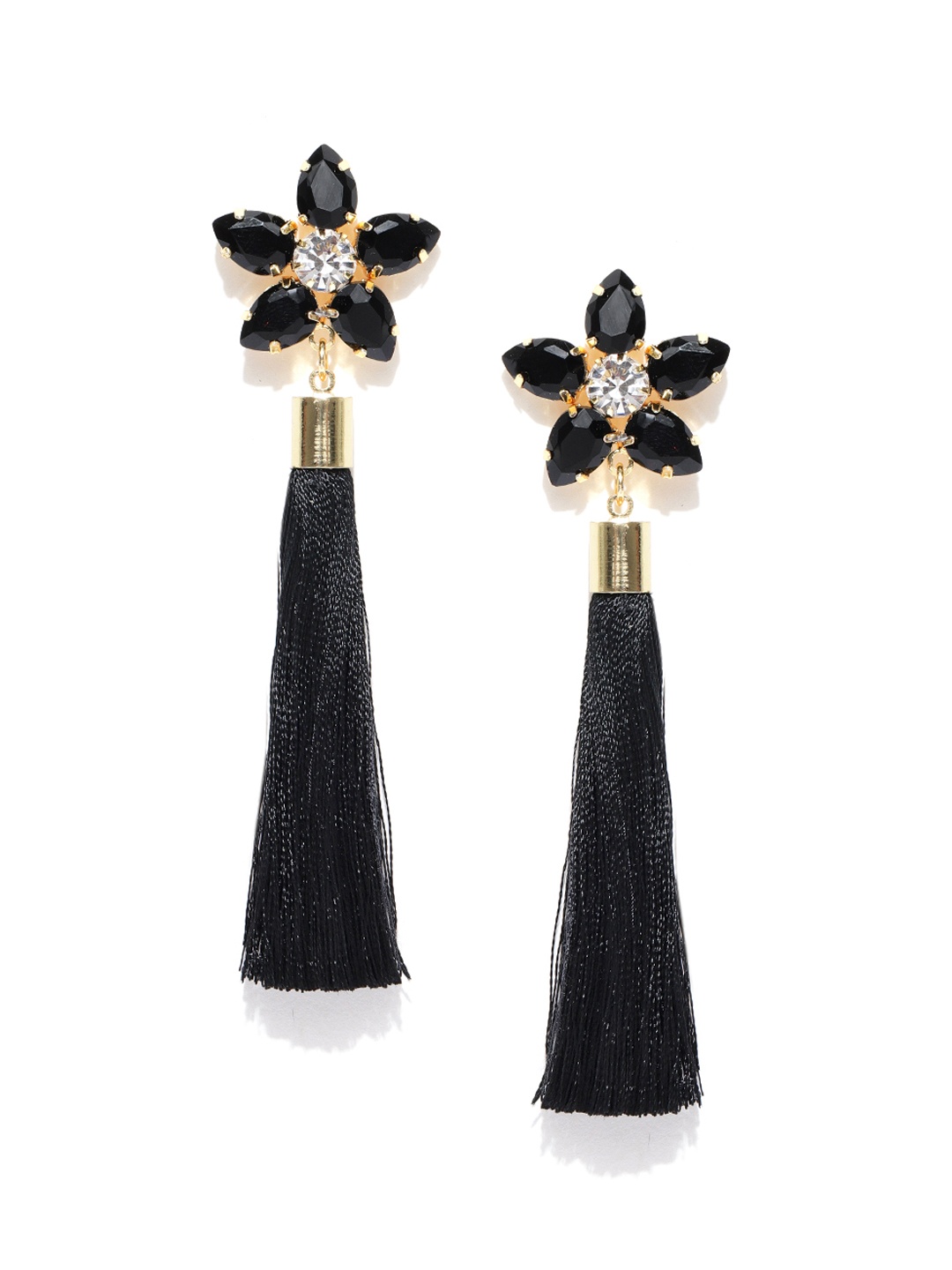 

Jewels Galaxy Black Gold-Plated Tasselled Floral Drop Earrings