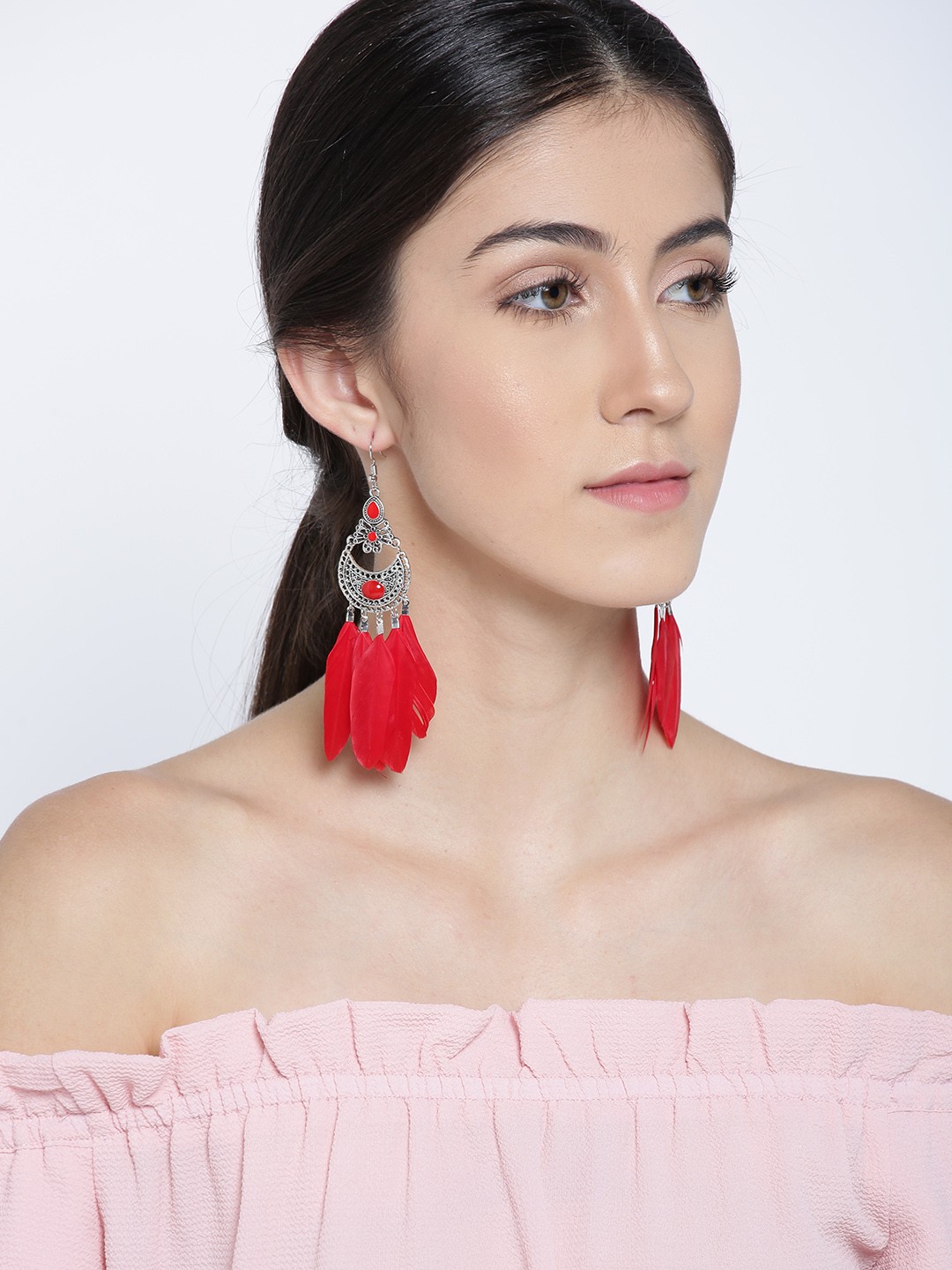 

Jewels Galaxy Red Oxidised Silver-Plated Crescent-Shaped Chandbalis with Feather Detail