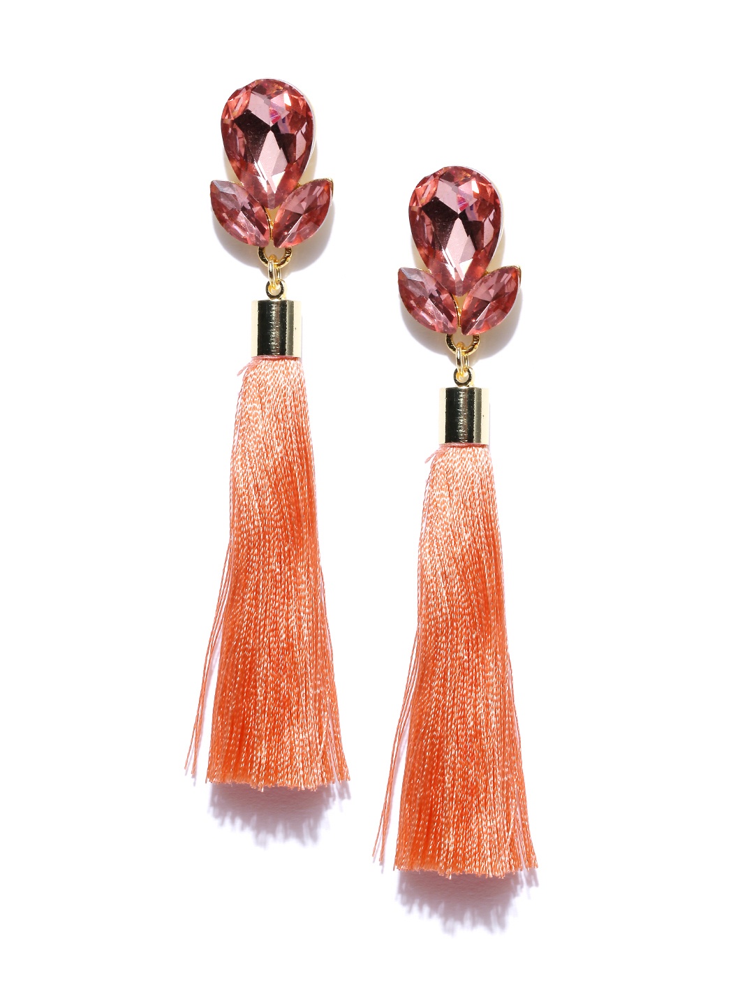 

Jewels Galaxy Orange Gold-Plated Stone-Studded Tasselled Drop Earrings