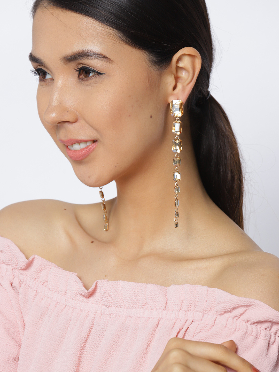 

Jewels Galaxy Gold-Plated Stone-Studded Geometric Drop Earrings