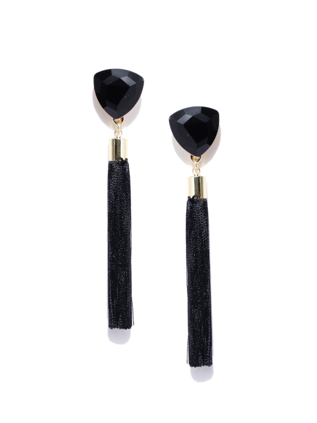 

Jewels Galaxy Black Gold-Plated Stone-Studded Tasselled Drop Earrings