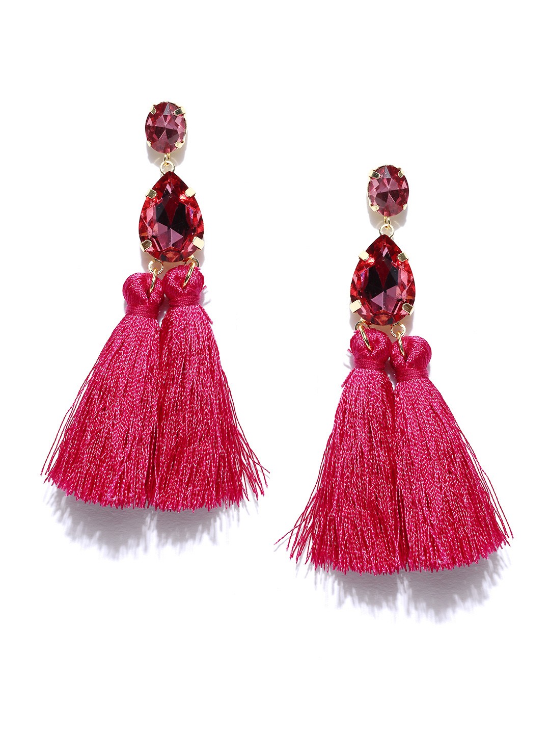 

Jewels Galaxy Pink Gold-Plated Stone-Studded Tasselled Drop Earrings