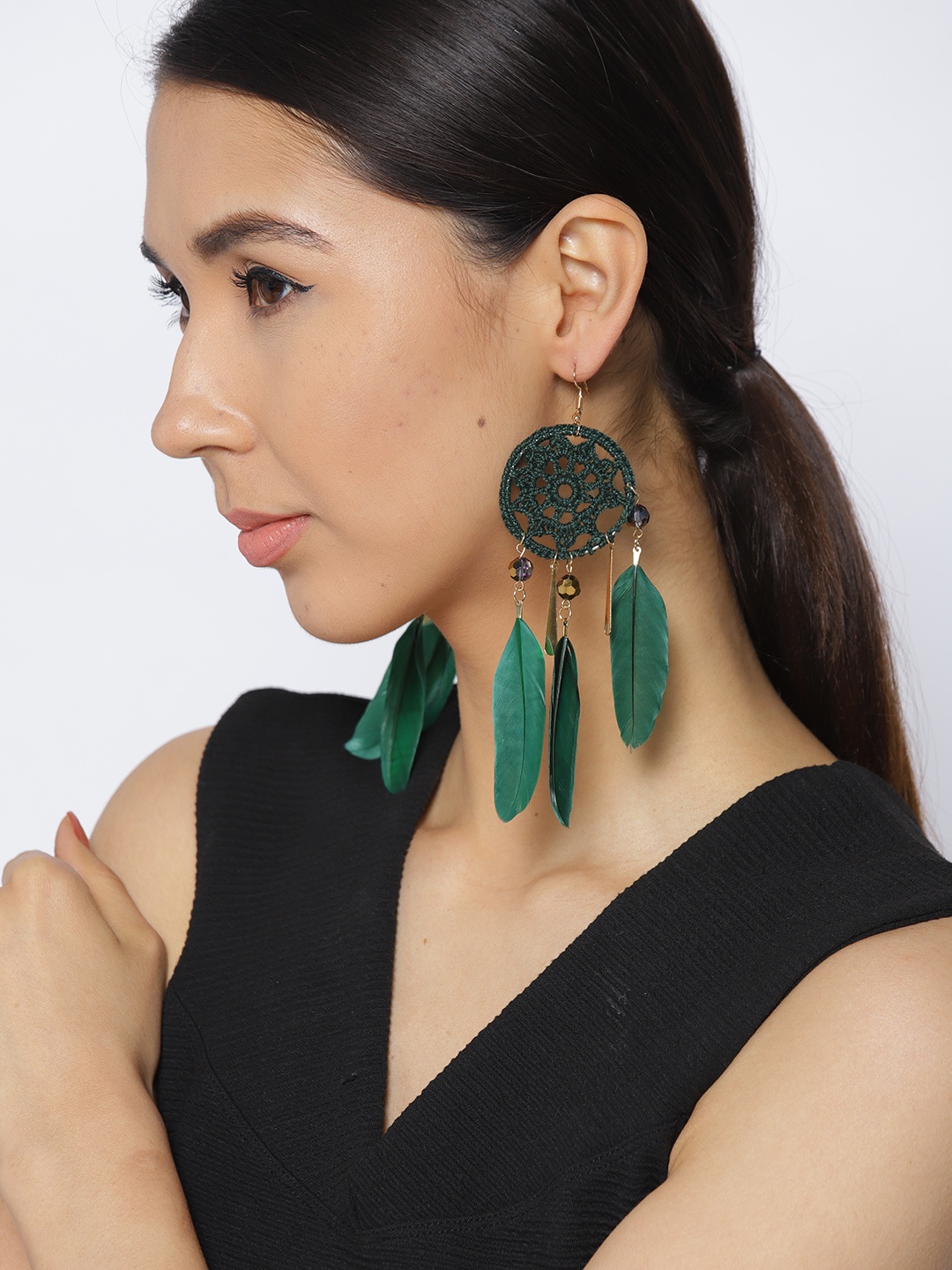 

Jewels Galaxy Green Gold-Plated Circular Drop Earrings