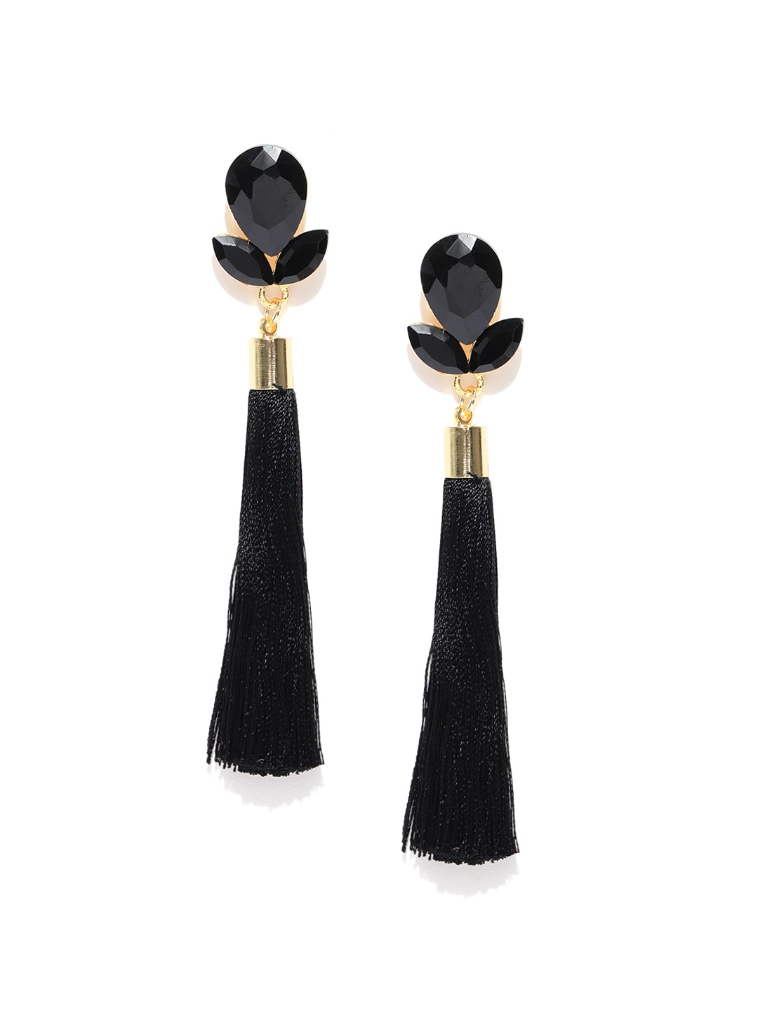 

Jewels Galaxy Black Stone-Studded Tasselled Drop Earrings