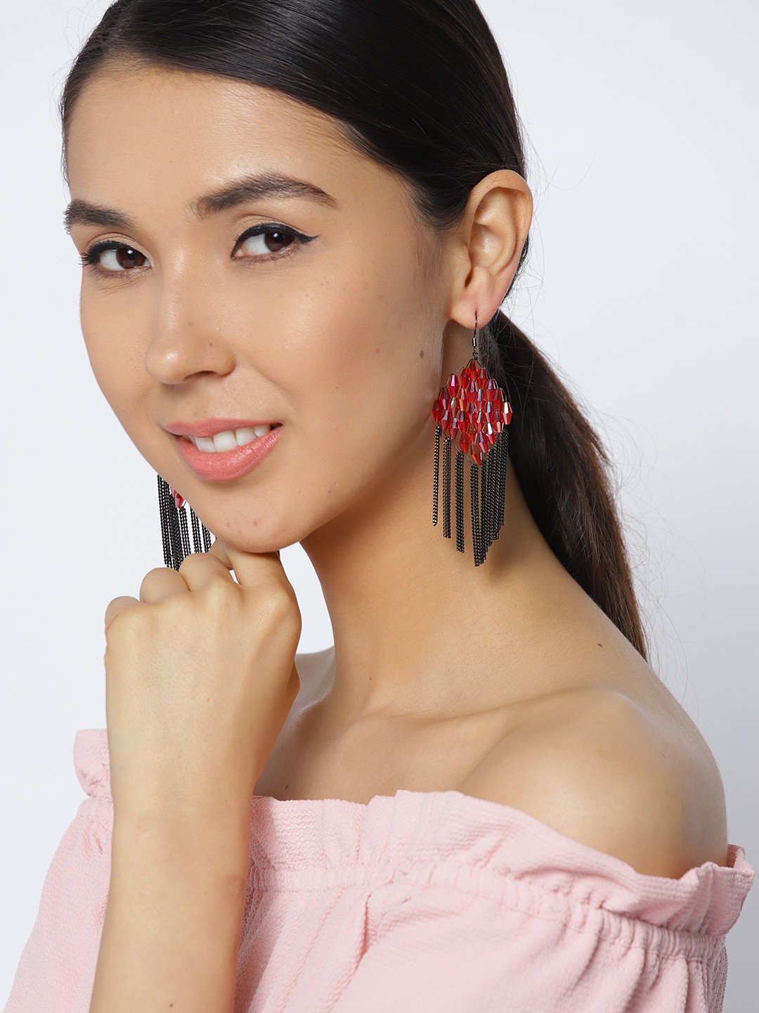 

Jewels Galaxy Black & Red Gold-Plated Beaded Tasselled Drop Earrings