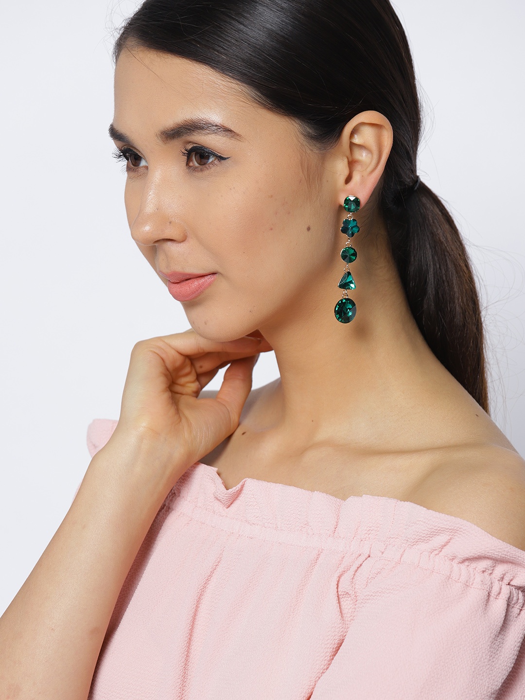 

Jewels Galaxy Green Gold-Plated Stone-Studded Geometric Drop Earrings
