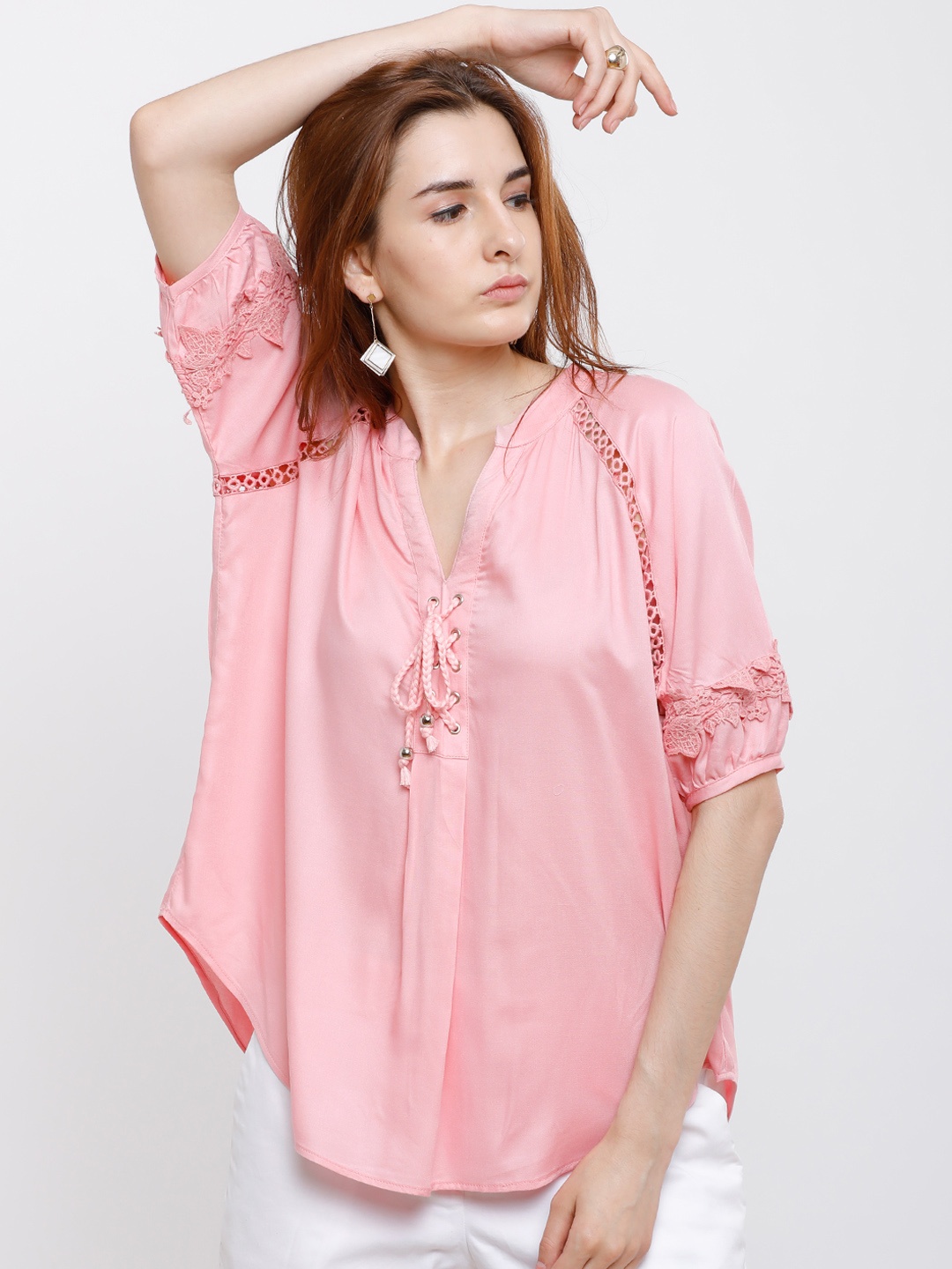 

Tokyo Talkies Women Pink Self Design Boxy Top