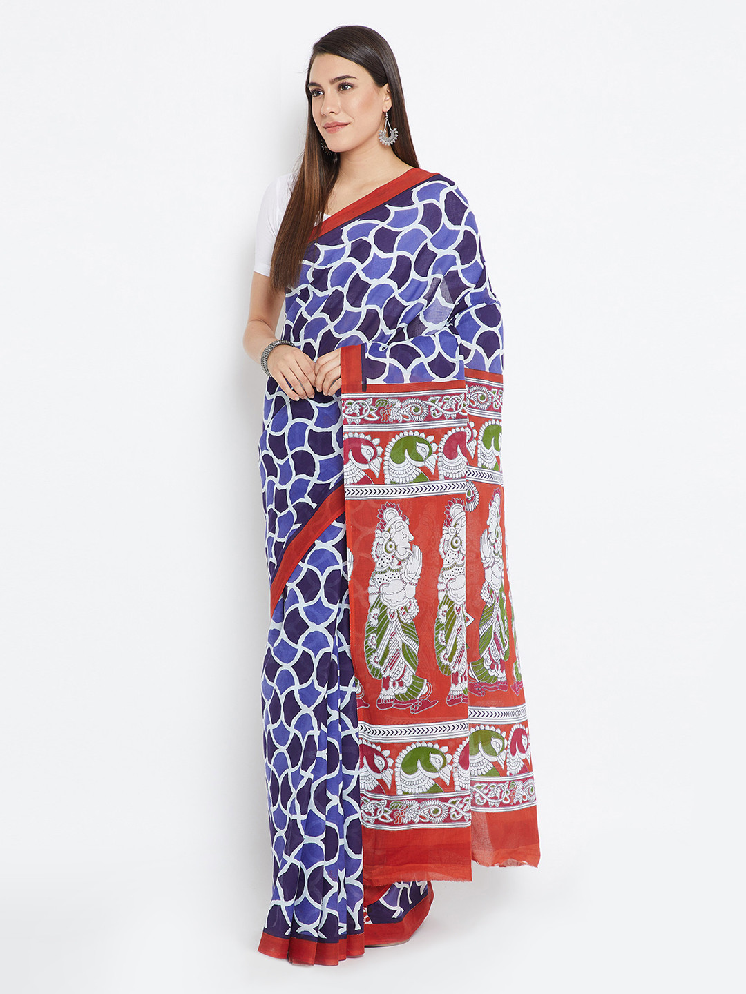

Kalakari India Navy Blue & White Indigo Screen Print Handcrafted Cotton Sustainable Saree