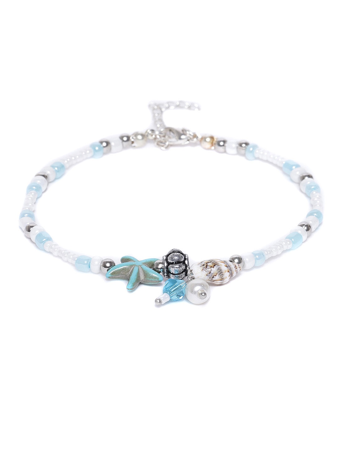 

OOMPH Silver-Toned Beaded Bohemian Anklet, White