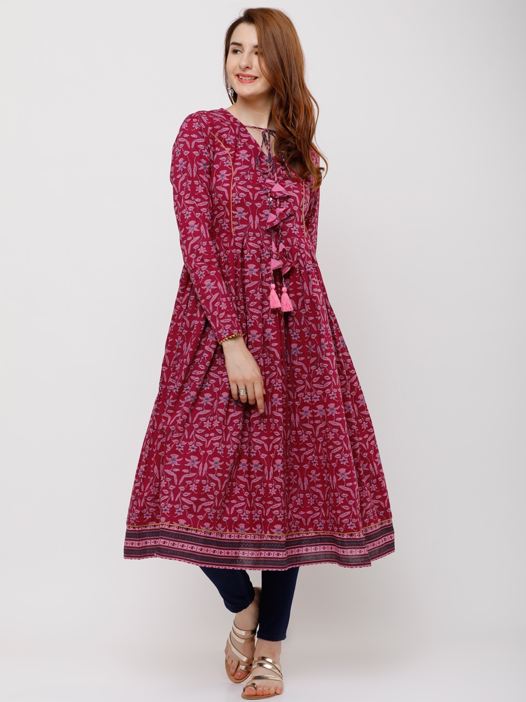

Vishudh Women Pink & Burgundy Printed A-Line Kurta