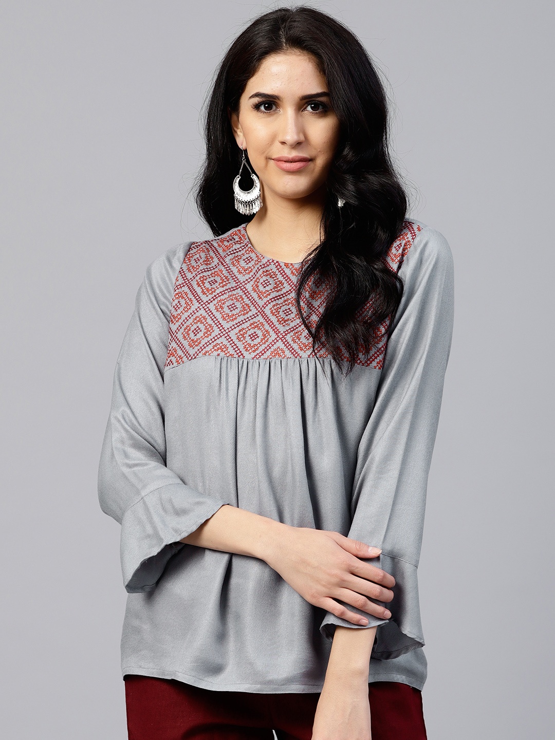 

Jaipur Kurti Women Grey Embroidered Top