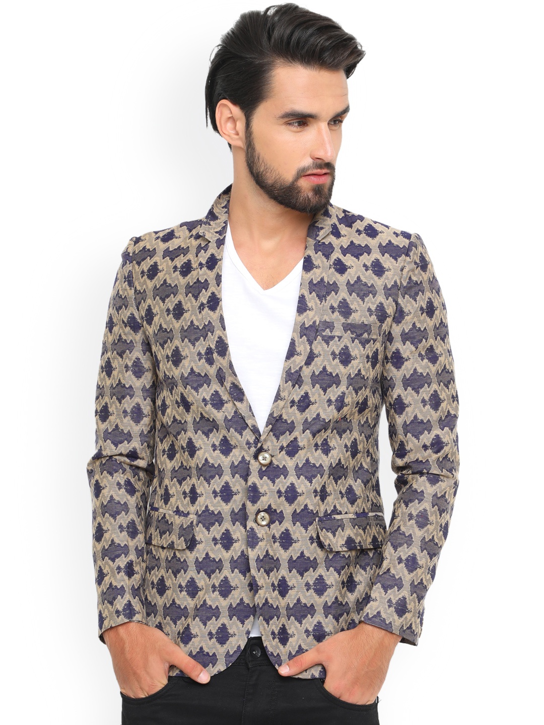 

SHOWOFF Khaki & Blue Single-Breasted Printed Blazer
