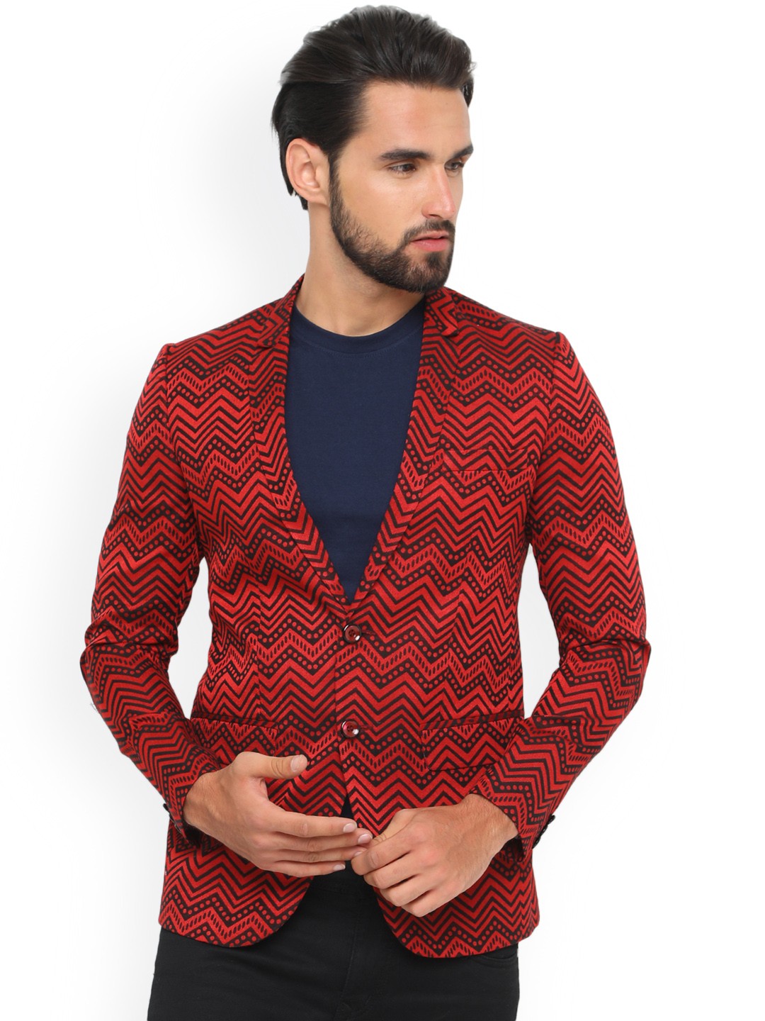 

SHOWOFF Maroon & Black Single-Breasted Printed Casual Blazer
