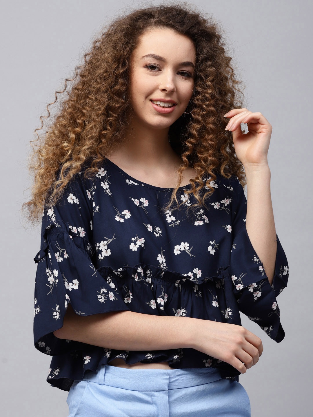

STREET 9 Women Navy Blue Floral Print Styled Back Crop Top