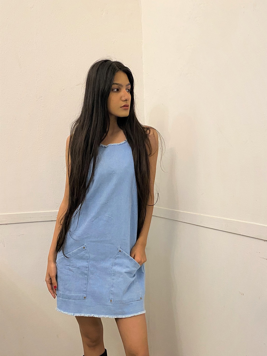 

STREET 9 Women Blue Solid Denim Sheath Dress