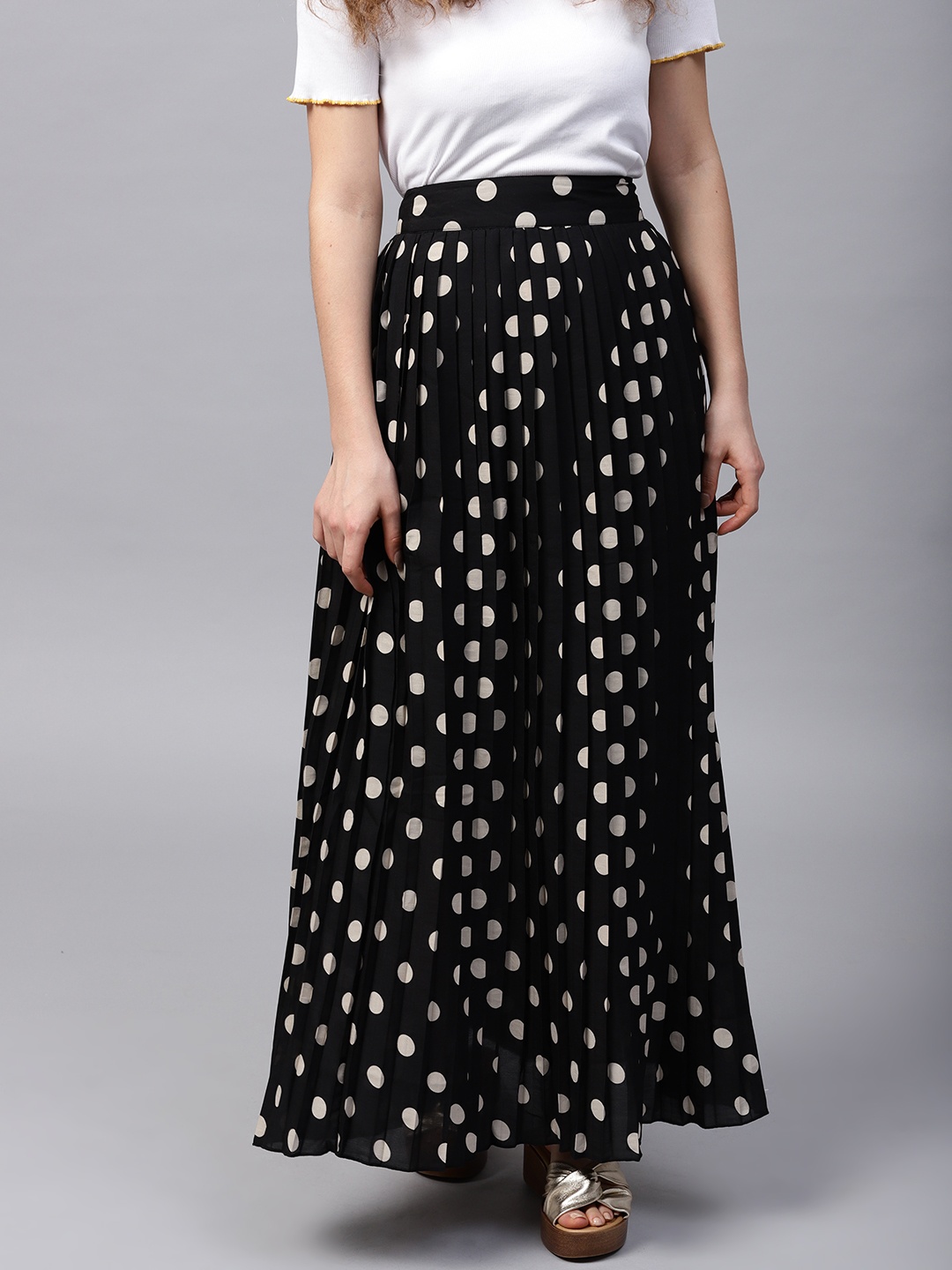 STREET 9 Black & Off-White Polka Dot Print Maxi Flared Skirt