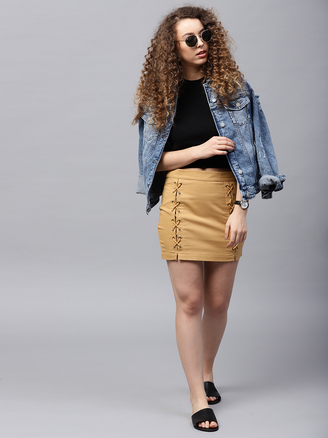 

STREET 9 Beige Solid Mini Pencil Skirt